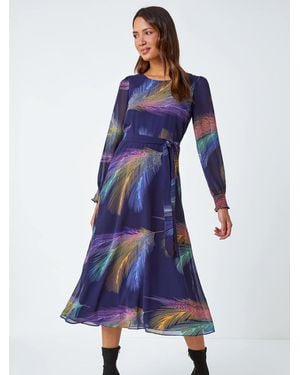 Roman Feather Print Belted Midi Dress - Blue