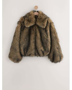 Next Neutral Faux Fur Zip Through Jacket - Green
