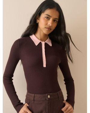Nobody's Child Nobodys Child Contrast Collar Rib Polo Top - Brown