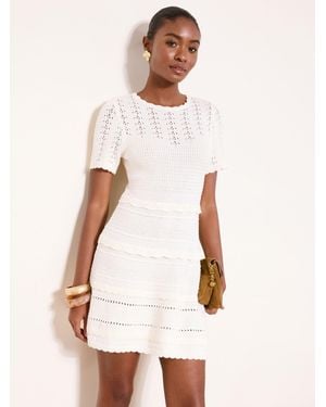 Lipsy Crochet Pointelle Scallop Detail Short Sleeve Mini Knitted Dress - White