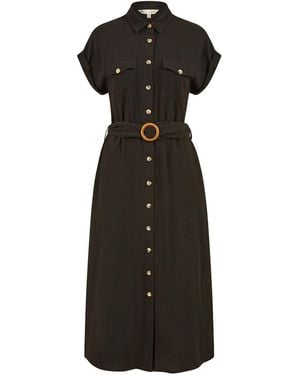 Yumi' Viscose Look Midi Shirt Dress With Wooden Belt - Black