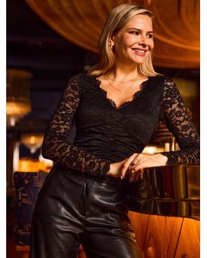 Sosandar Sequin & Stretch Lace Scallop Edge Top - Black