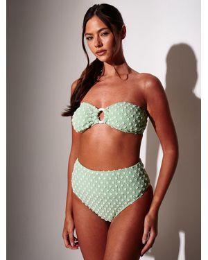 South Beach Textured Spot Ring Decal Bandeau Top And Tummy Control High Waist Briefs Bikini Set With Removable Straps - Green