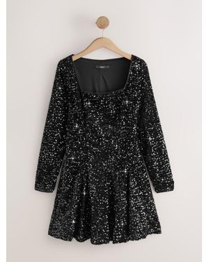 Next Square Neck Flippy Mini Sequin Dress - Black