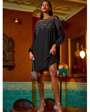 Roman Illusion Mesh Neck Sequin Dress - Black