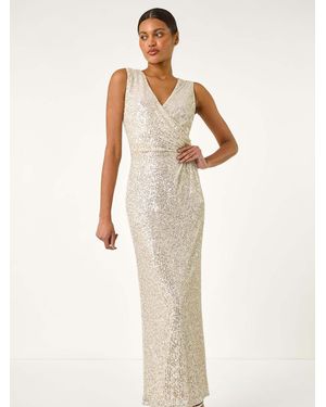 Roman Sequin Side Twist Wrap Maxi Dress - White