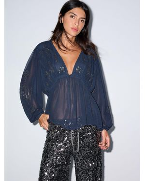 BHOEM Sequins Beads Embroidered V-Neck Chiffon Blouse - Blue