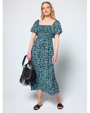 Scamp & Dude Jaguar Shirred Square Neck Midi Dress - Blue