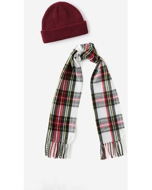 Cotton On Heavy Knit Beanie & Check Scarf Set - Red