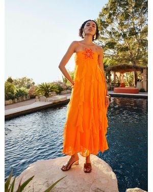 River Island Del Maar Bandeau Crochet Flower Ruffle Maxi Dress - Orange
