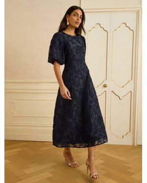 Love & Roses Textured Puff Sleeve Crew Neck Midi Dress - Blue