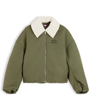 Tommy Hilfiger Faux Fur Collar Oversized Bomber Jacket - Green