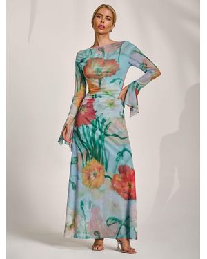 Jolie Moi Long Sleeve Slash Neck Mesh Maxi Dress - Blue