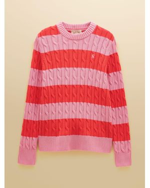 Joules Coral Striped Classic Crew Neck Cotton Cable Knit Jumper - Red
