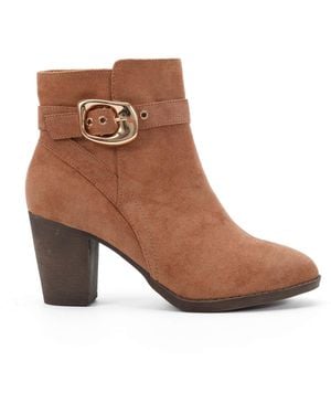 Novo Wide Fit Julianna Buckle Detail Almond Toe Block Heel Ankle Boots - Brown