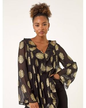 Roman Floral Jacquard Frill Buttoned Blouse - Black