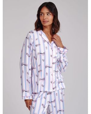 Loungeable Pilates Super Soft Long Sleeve Bow Tie Pajamas Set - White