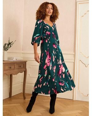 Love & Roses Petite Printed V-Neck Puff Sleeve Midi Dress - Blue
