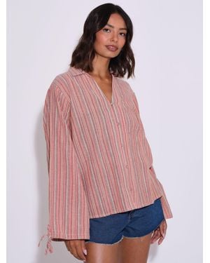 South Beach Metallic Striped Balloon Sleeve Beach Shirt - Pink