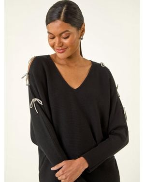 Roman Bow Sleeve V-Neck Knit Poncho - Black