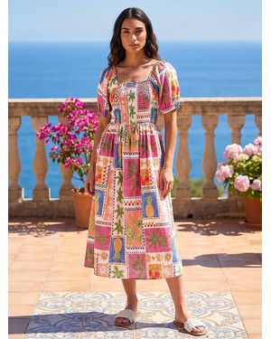 Roman Postcard Print Shirred Midi Dress - Blue