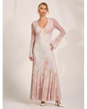 Jolie Moi Long Sleeve Godet Mesh Maxi Dress - Pink