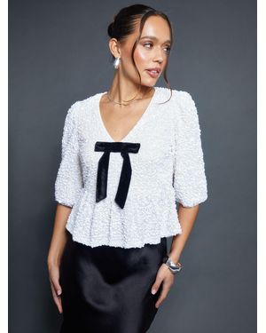 Threadbare Sequin Velour Bow Detail Blouse - Grey