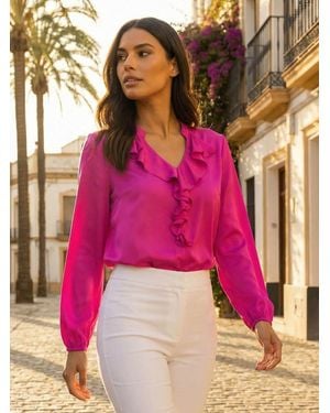 Roman Satin Ruffle Neck Blouse - Pink