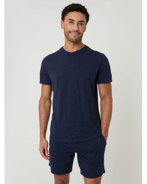 Threadbare Grandad Pajama Top & Shorts Set - Blue
