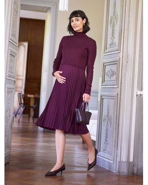 Seraphine Burgundy Maternity Turtle Neck Pleated Nursing Midi Dress - Purple