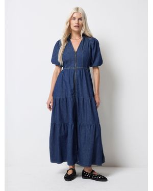 Scamp & Dude Zip Front Denim Tiered Midi Dress - Blue