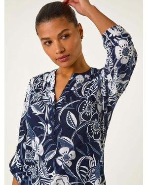 Roman Stretch-Hemd Mit Strukturiertem Floralmuster Und V-Ausschnitt - Blau