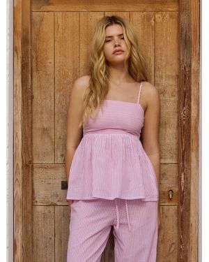 South Beach Striped Tie Shoulder Peplum Top - Brown