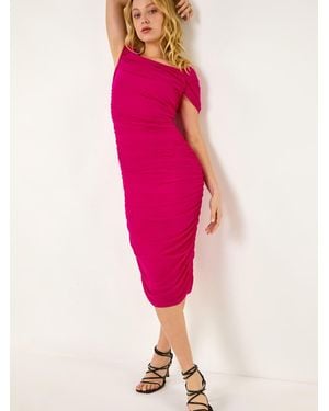 Roman Bardot Ruched Midi Dress - Pink