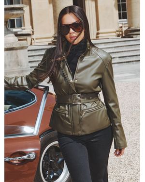 Lipsy X Gemma Owen Faux Leather Funnel Neck Belted Jacket - Gray