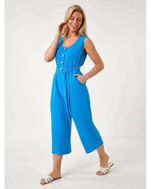 Roman Petite Linen Button Front Jumpsuit - Blue