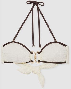Reiss Johannah Tipped Bandeau Shirred Bikini Top - White