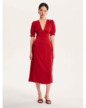 OMNES Odette Puff Sleeve Midi V-Neck Dress - Red