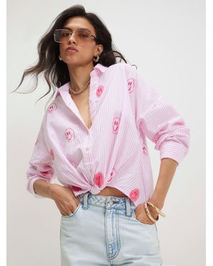 River Island Langärmeliges, Gestreiftes Hemd Mit „Happy"-Stickerei - Pink