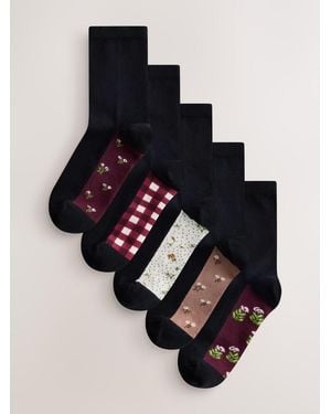 Next Burgundy Floral Footbed Ankle Socks 5 Pack - Black