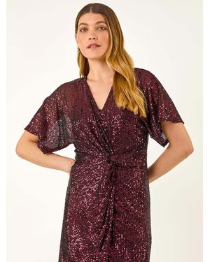 Roman Sequin Twist Front Stretch Dress - Red