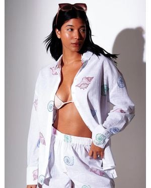 South Beach Sequin Embroidered Shell Beach Shirt - White