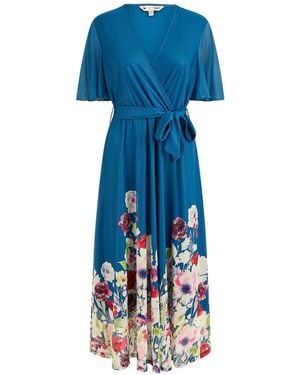 Yumi' Mesh Wrap Midi Dress With Floral Print Hem Border - Blue