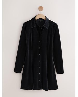 Next Velvet Long Sleeve Button Up Long Sleeve Mini Shirt Dress - Black