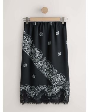 Next Satin Midi Skirt With Lace Trim - Black