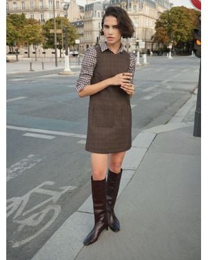 BHOEM Plaid Check Patch Pockets Mini Sleeveless Dress - Gray
