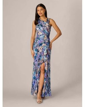 Adrianna Papell Metallic Crinkle Mesh Gown - Blue