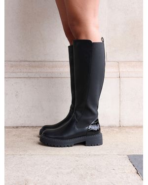 Linzi Swift Pu And Croc Mix High Leg Boots - Black
