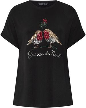 Evans Sequin Embellished Robins T-Shirt - Black