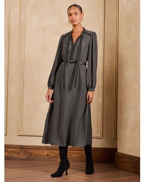 Love & Roses Stud Trim Tie Neck Belted Midi Dress - Brown